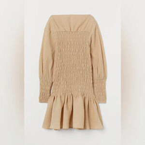 H&M Beige Boat Neck Woven Cotton smocked Conquette Dress Balloon Sleeve #1285